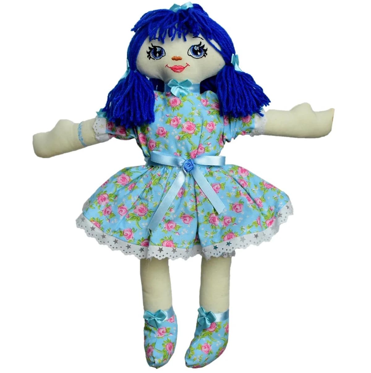 Boneca Rebeca: Cabelos azuis, vestido azul-claro com rosas e laços em azul.