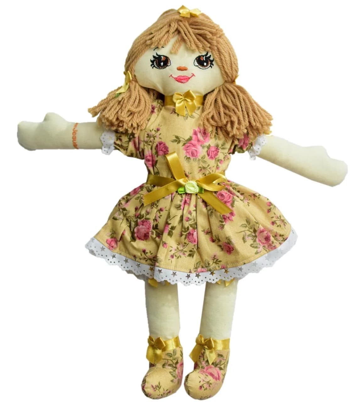 Boneca Rebeca: Cabelos em tom caramelo, vestido dourado com rosas e laços amarelos.