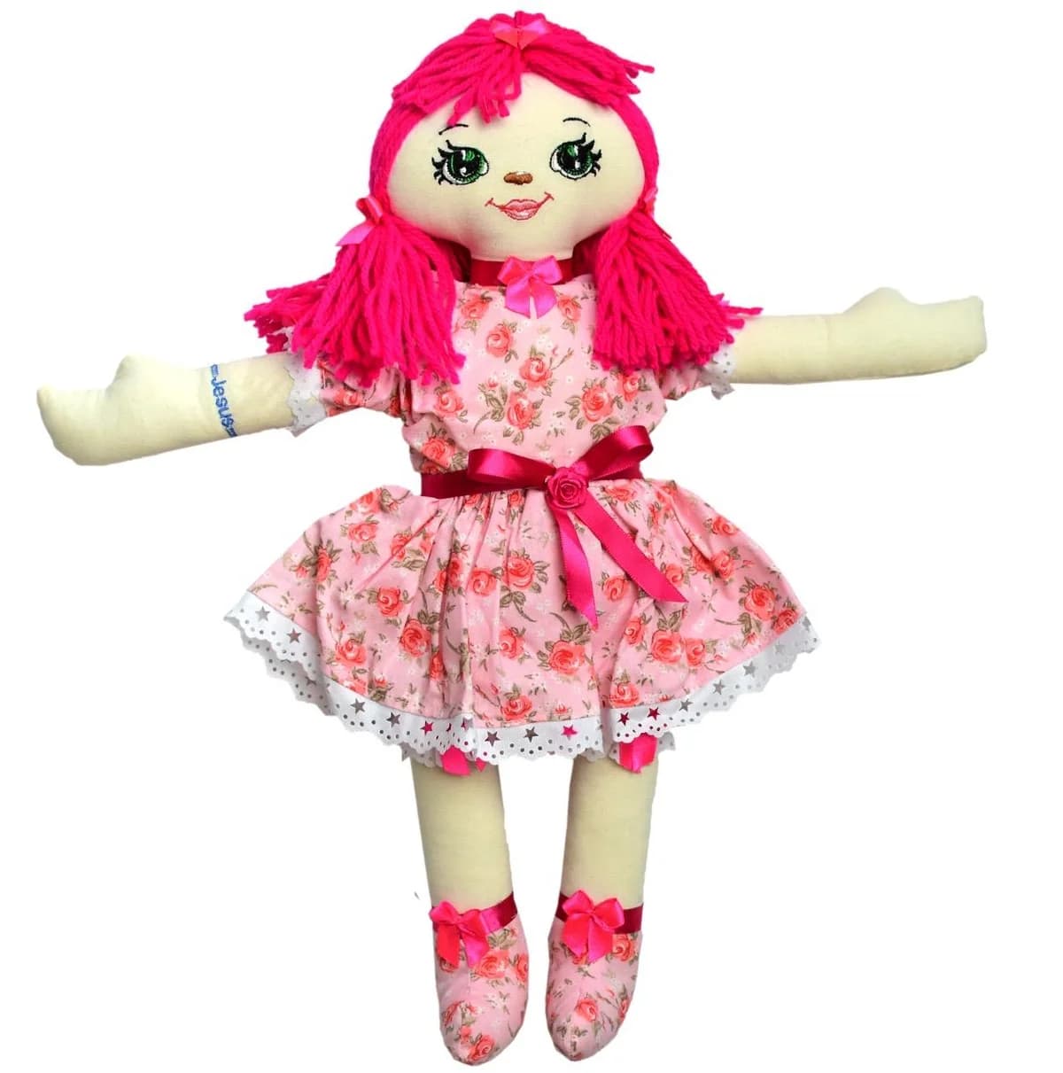 Boneca Rebeca com cabelos rosa, vestido floral e laços rosa