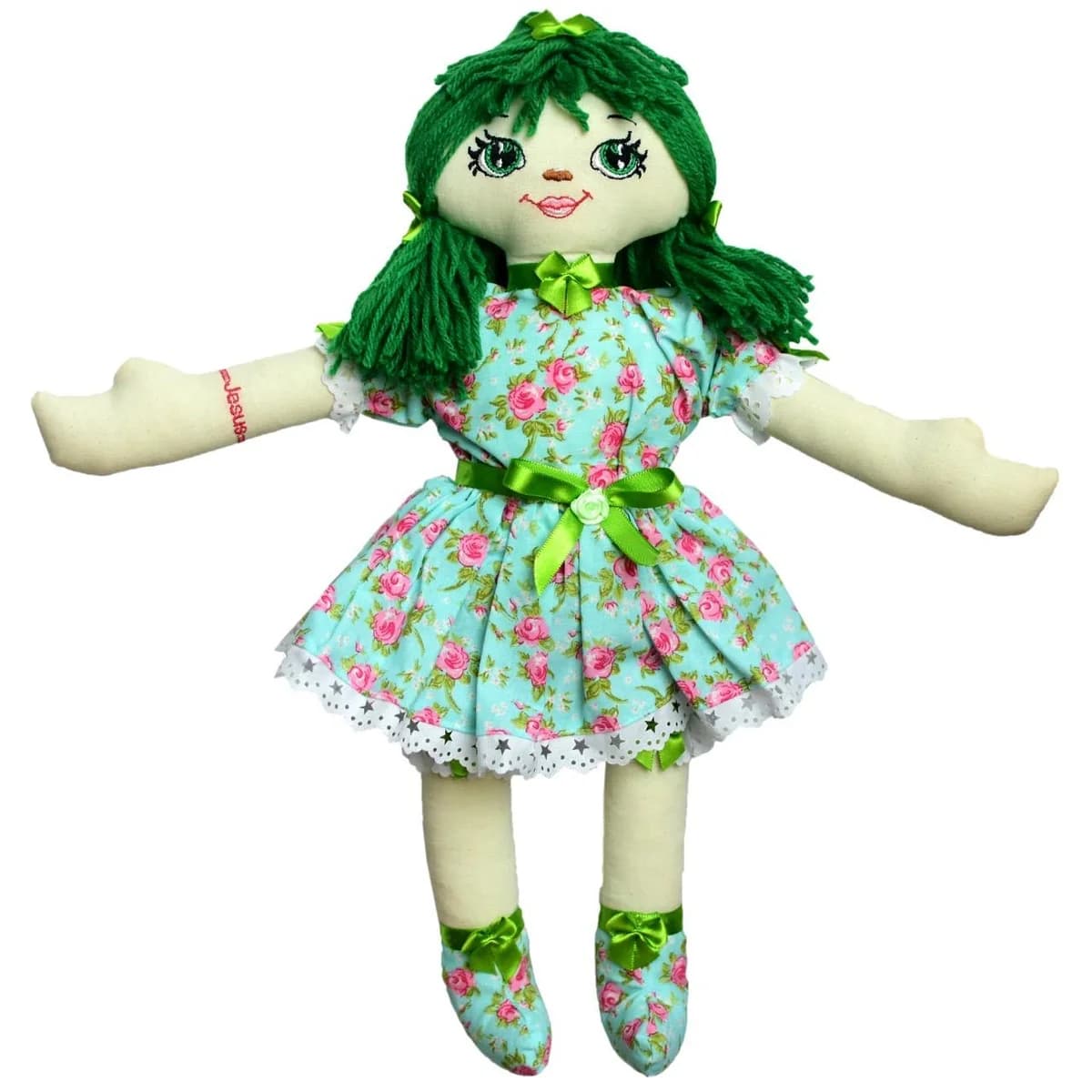 Boneca Rebeca: Cabelos verdes, vestido azul-claro com rosas e laços verdes.